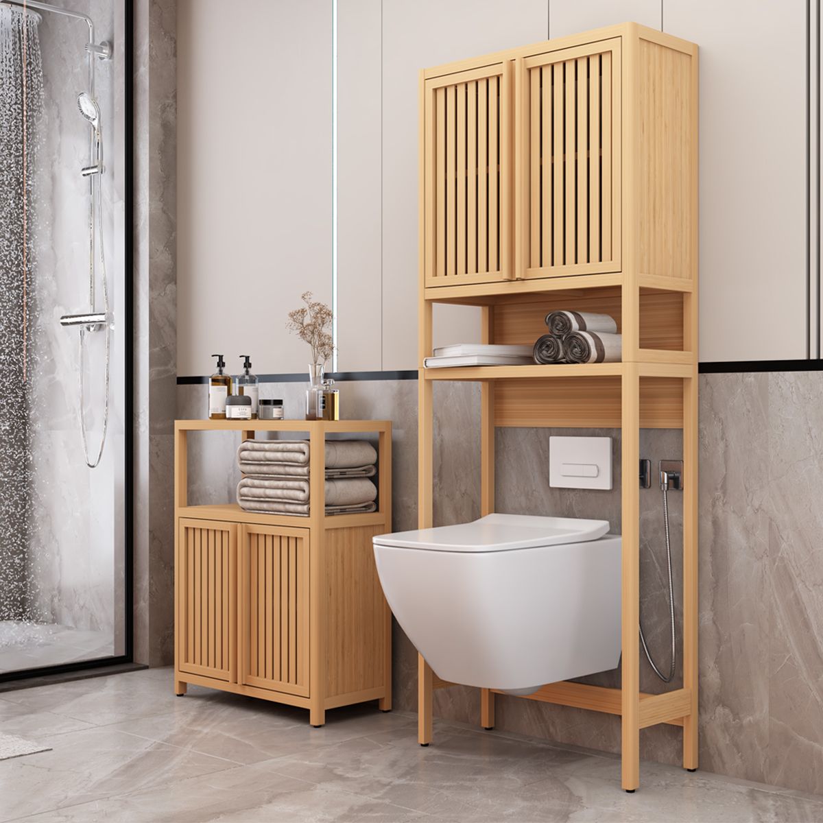 Toilet storage rack, independent bathroom, laundry room, space saving, natural color image 4