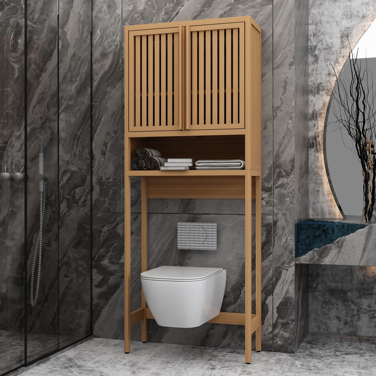 Toilet storage rack, independent bathroom, laundry room, space saving, natural color image 1