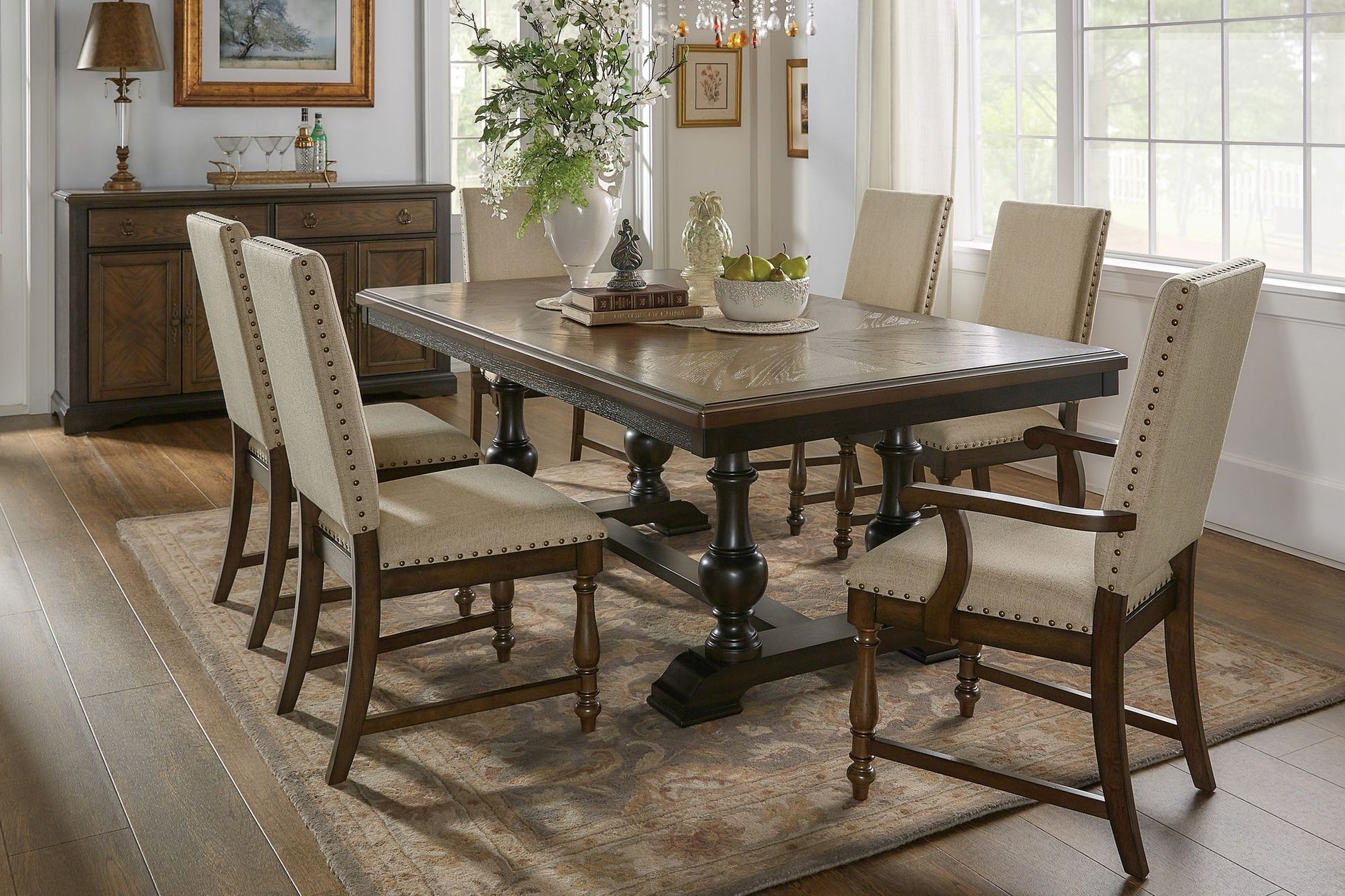 Traditional Classic Brown Dinng Chair Set of 2 Beige Fabric Upholstered Nailhead Trim Wooden Dining Room Furniture image 6
