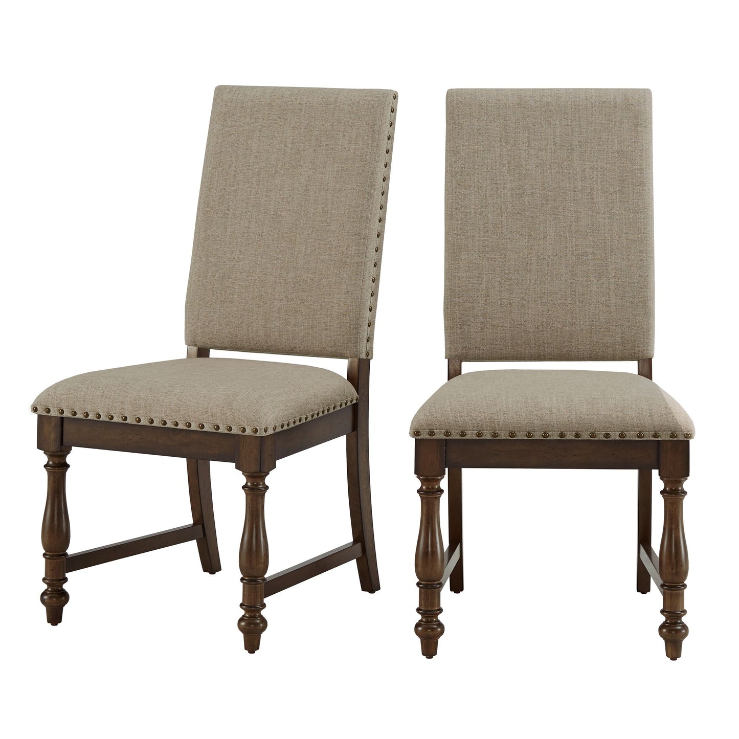 Traditional Classic Brown Dinng Chair Set of 2 Beige Fabric Upholstered Nailhead Trim Wooden Dining Room Furniture image 5
