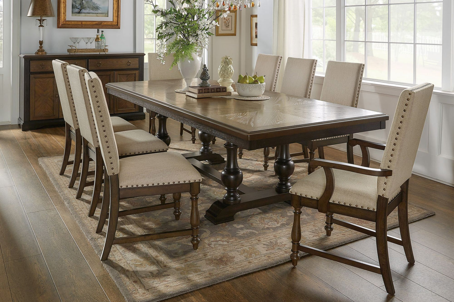 Traditional Classic Brown Dinng Chair Set of 2 Beige Fabric Upholstered Nailhead Trim Wooden Dining Room Furniture image 7