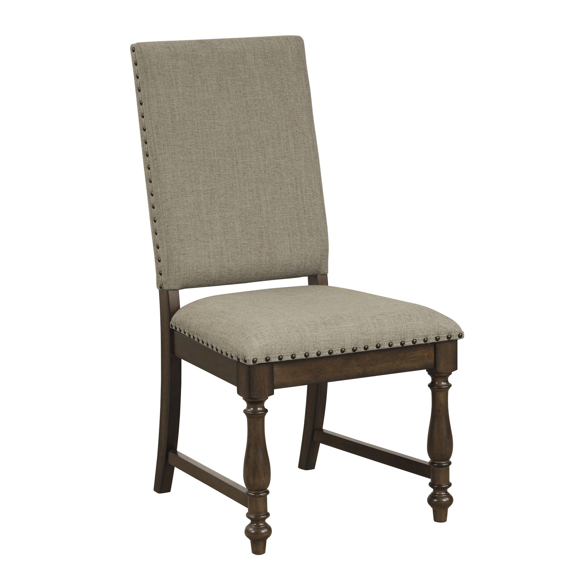 Traditional Classic Brown Dinng Chair Set of 2 Beige Fabric Upholstered Nailhead Trim Wooden Dining Room Furniture image 4