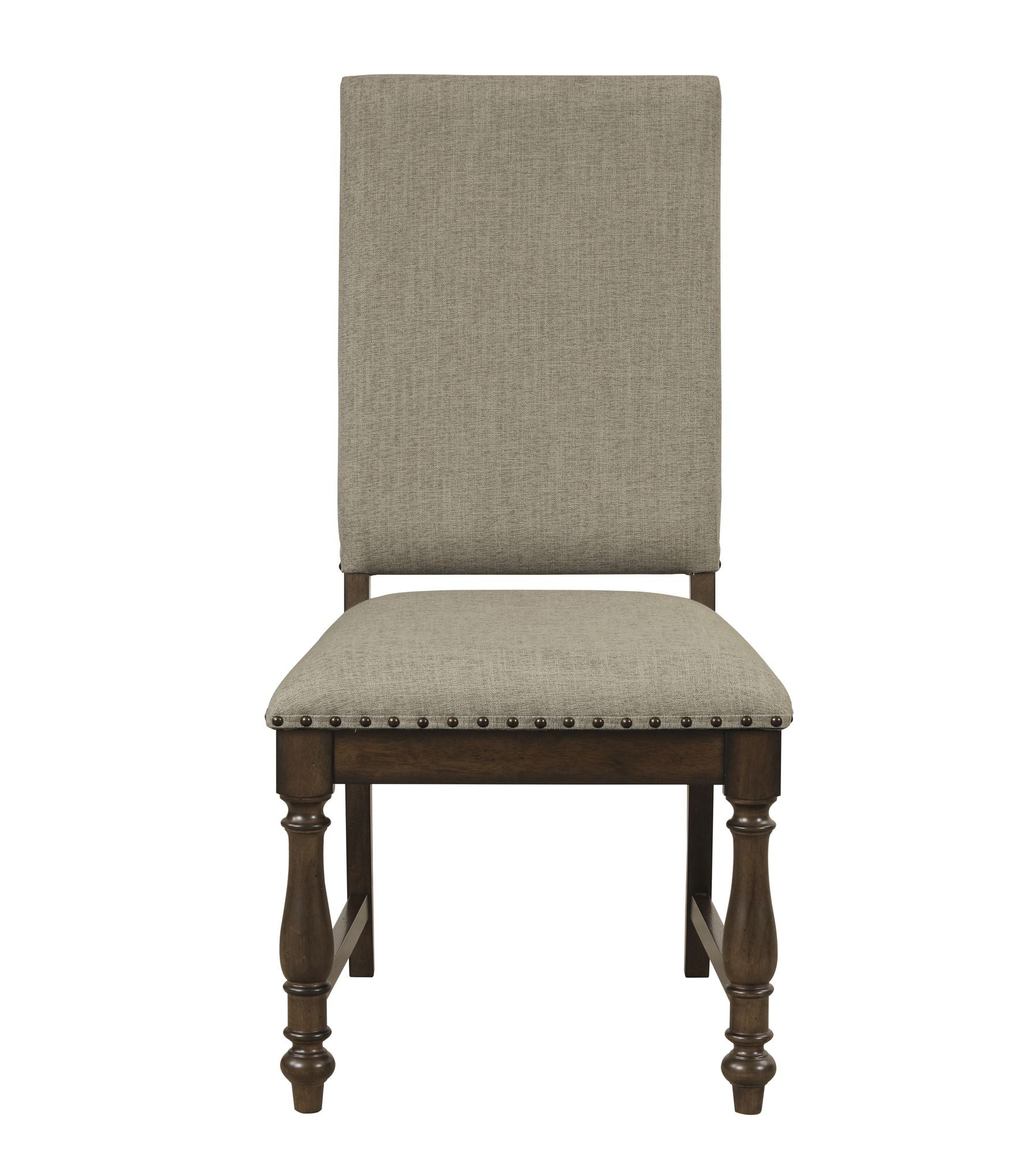 Traditional Classic Brown Dinng Chair Set of 2 Beige Fabric Upholstered Nailhead Trim Wooden Dining Room Furniture image 3