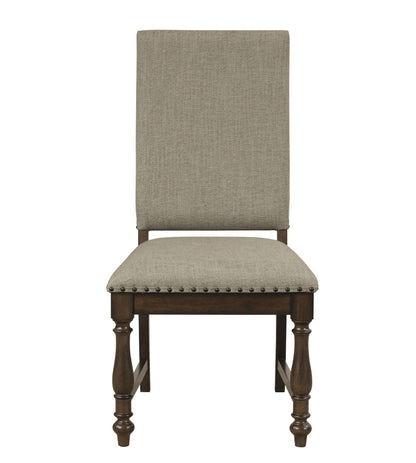 Traditional Classic Brown Dinng Chair Set of 2 Beige Fabric Upholstered Nailhead Trim Wooden Dining Room Furniture image 3