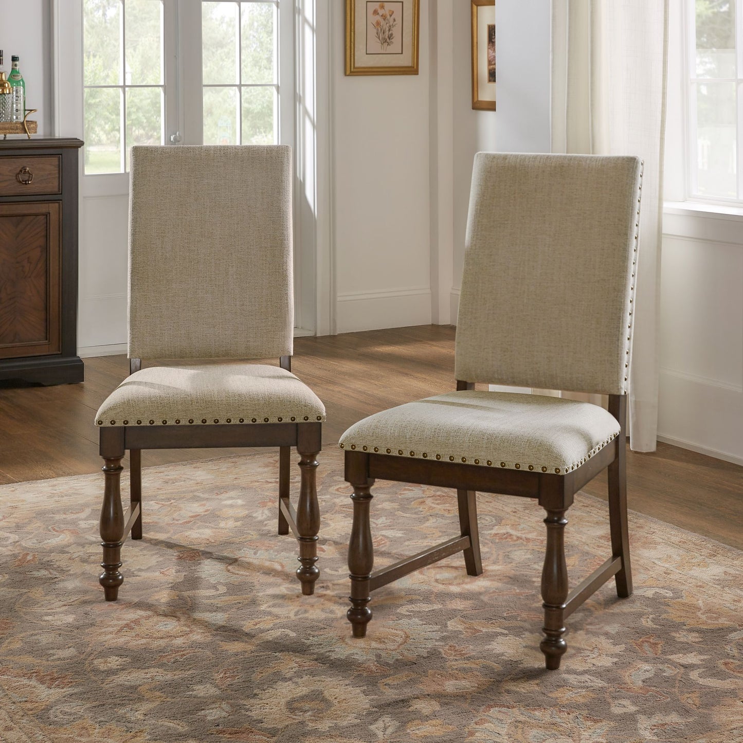 Traditional Classic Brown Dinng Chair Set of 2 Beige Fabric Upholstered Nailhead Trim Wooden Dining Room Furniture image 1