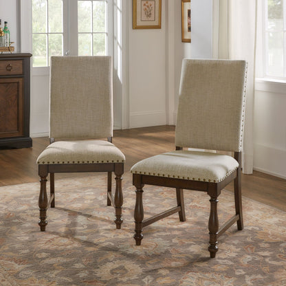 Traditional Classic Brown Dinng Chair Set of 2 Beige Fabric Upholstered Nailhead Trim Wooden Dining Room Furniture image 1