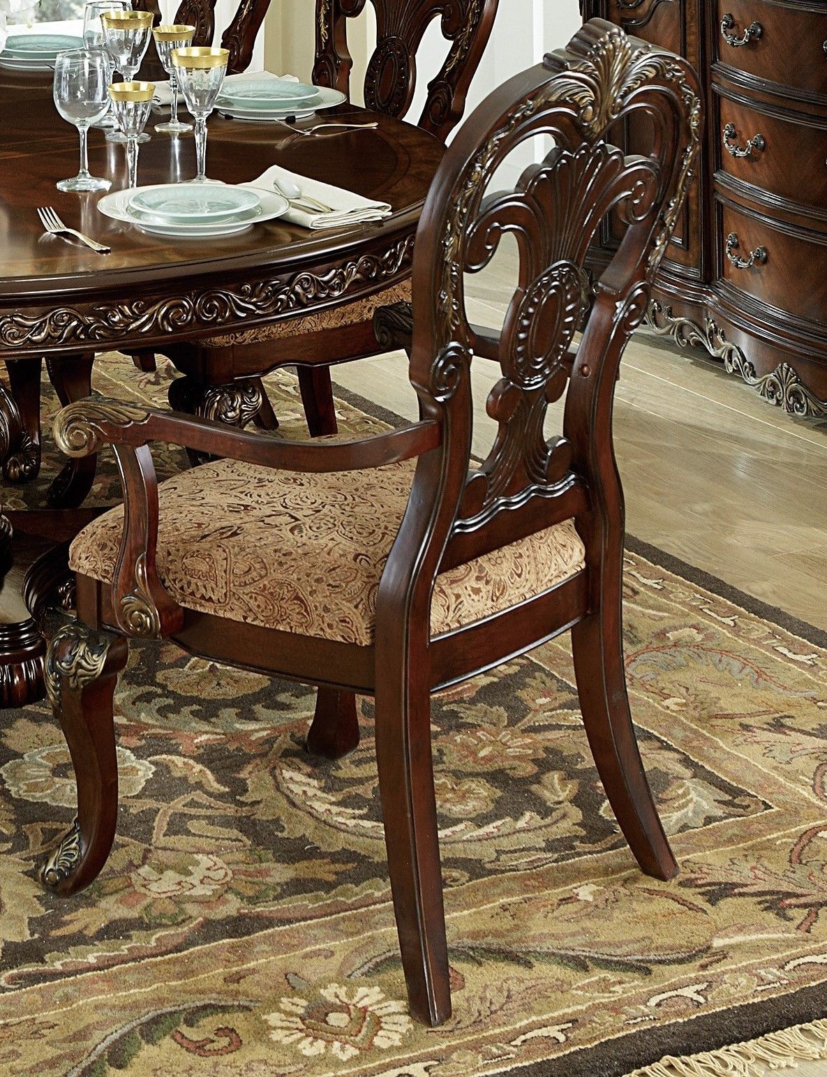 Traditional Formal Armchairs Set of 2 Cherry Finish with Gold Tipping Fabric Upholstery Wooden Dining Room Furniture image 6
