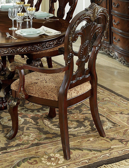 Traditional Formal Armchairs Set of 2 Cherry Finish with Gold Tipping Fabric Upholstery Wooden Dining Room Furniture image 6