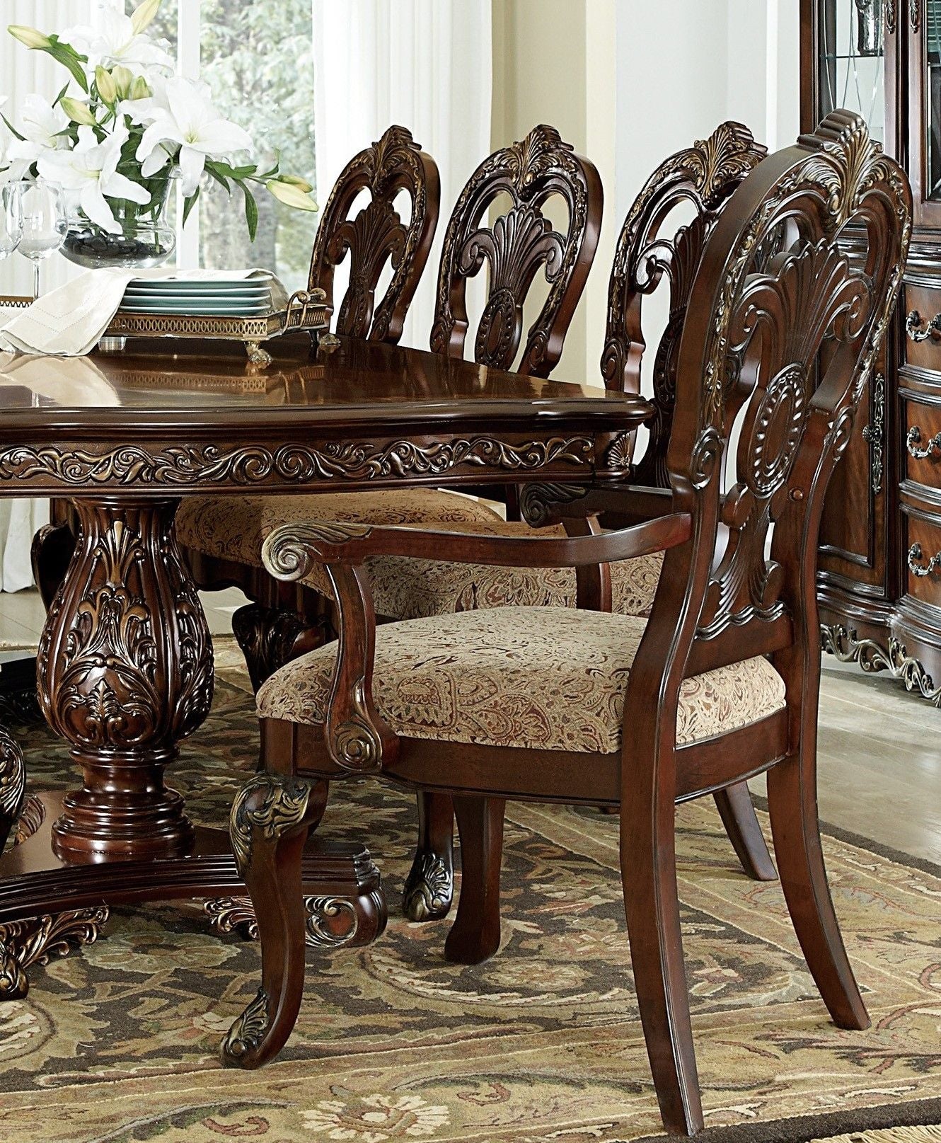 Traditional Formal Armchairs Set of 2 Cherry Finish with Gold Tipping Fabric Upholstery Wooden Dining Room Furniture image 5