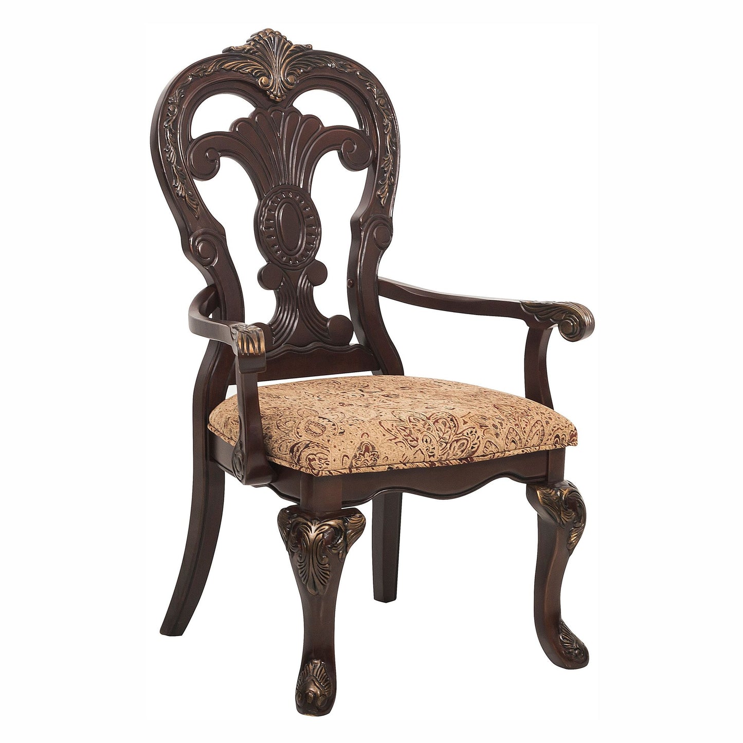 Traditional Formal Armchairs Set of 2 Cherry Finish with Gold Tipping Fabric Upholstery Wooden Dining Room Furniture image 1