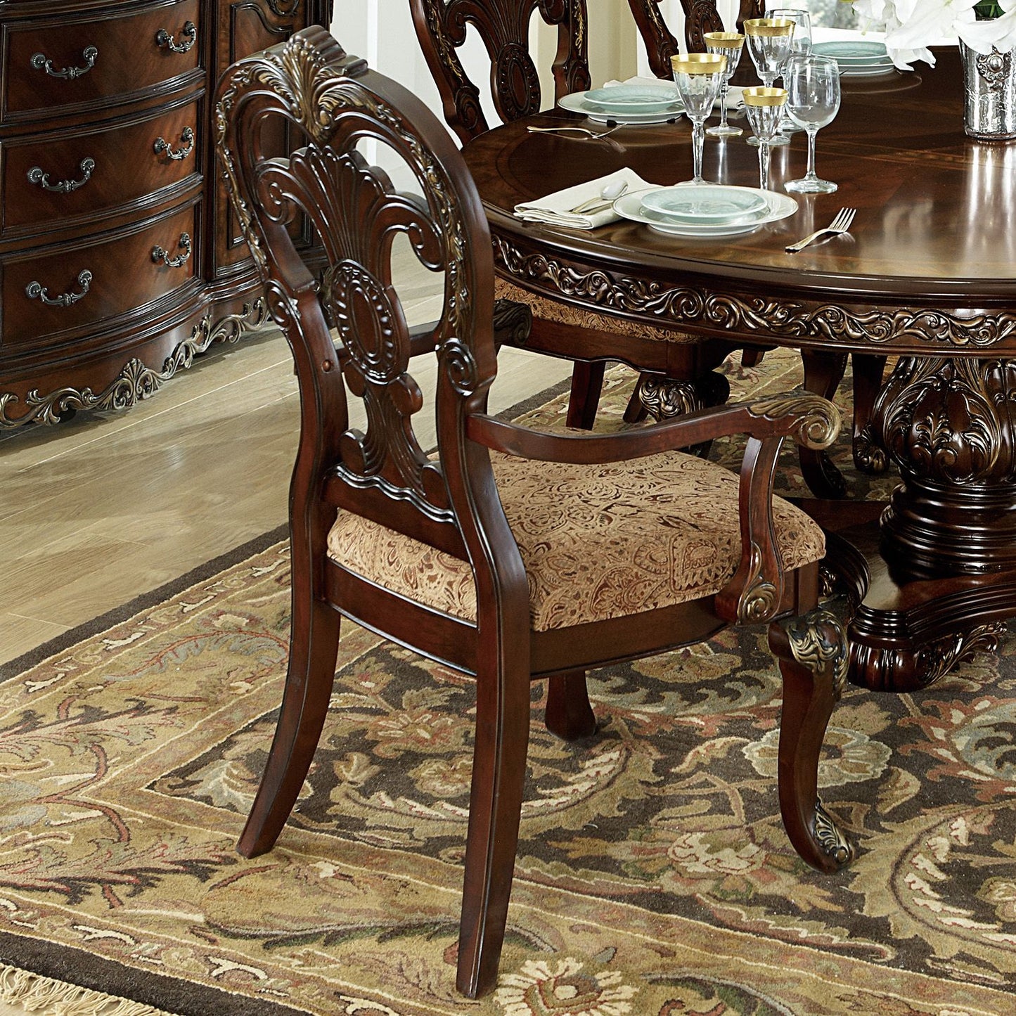 Traditional Formal Armchairs Set of 2 Cherry Finish with Gold Tipping Fabric Upholstery Wooden Dining Room Furniture image 2