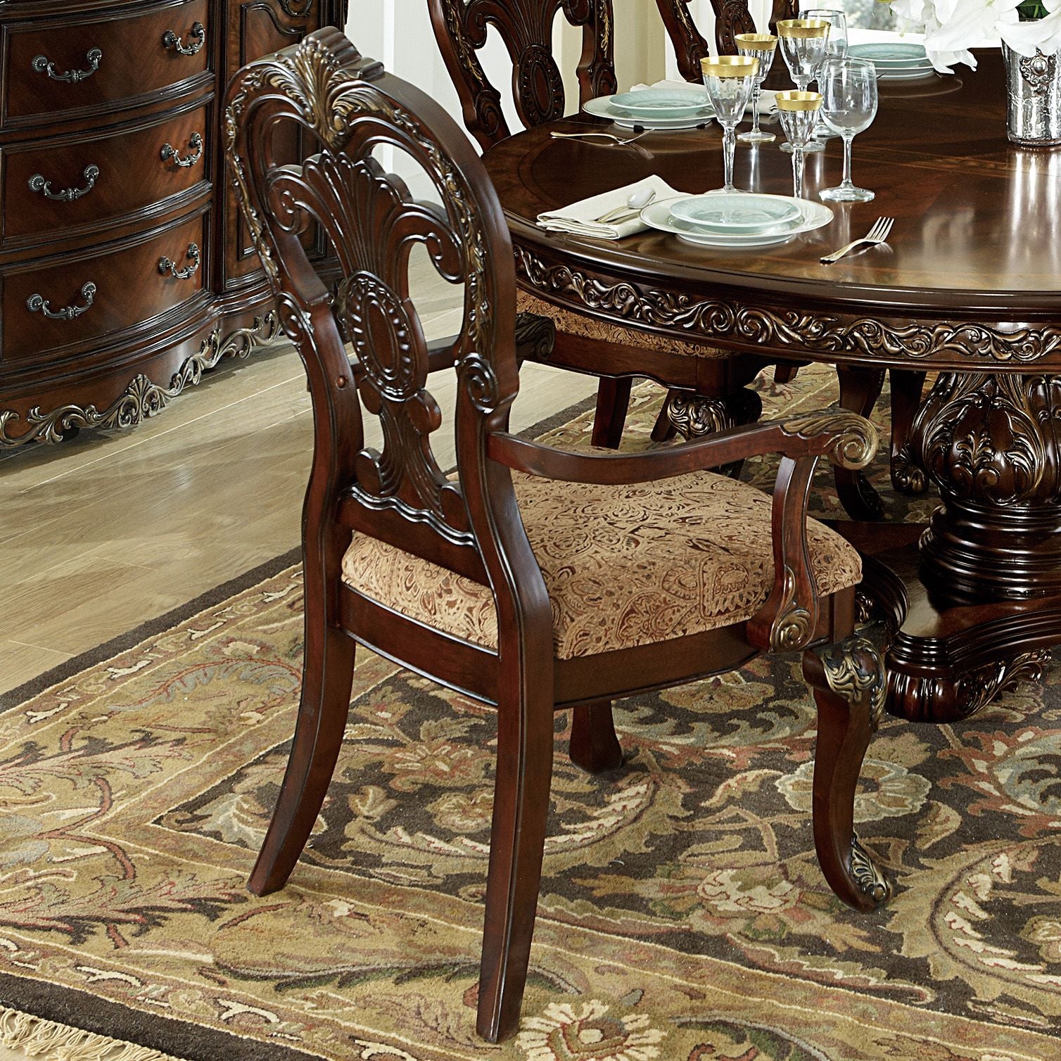 Traditional Formal Armchairs Set of 2 Cherry Finish with Gold Tipping Fabric Upholstery Wooden Dining Room Furniture image 2