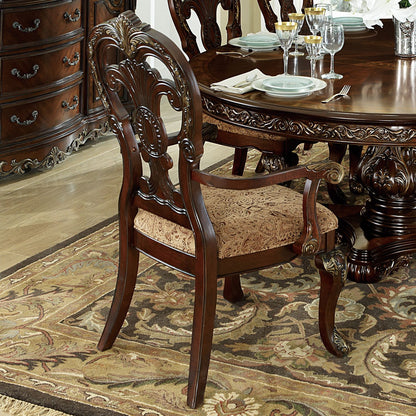 Traditional Formal Armchairs Set of 2 Cherry Finish with Gold Tipping Fabric Upholstery Wooden Dining Room Furniture image 2