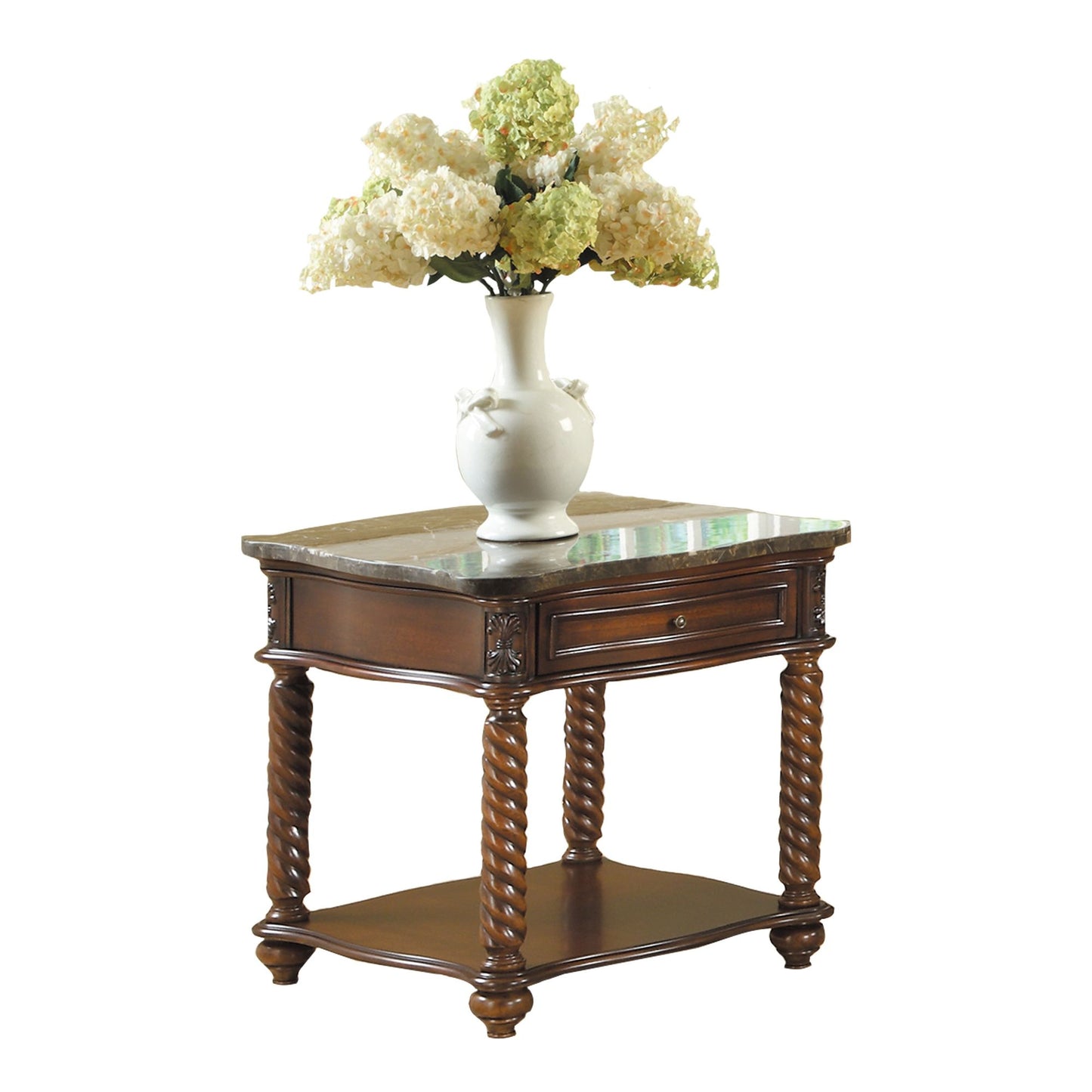 Traditional Formal Marble Top End Table with Drawer Lower Shelf Mahogany Finish Spiral Turned Legs Wooden 1pc Living Roo image 3