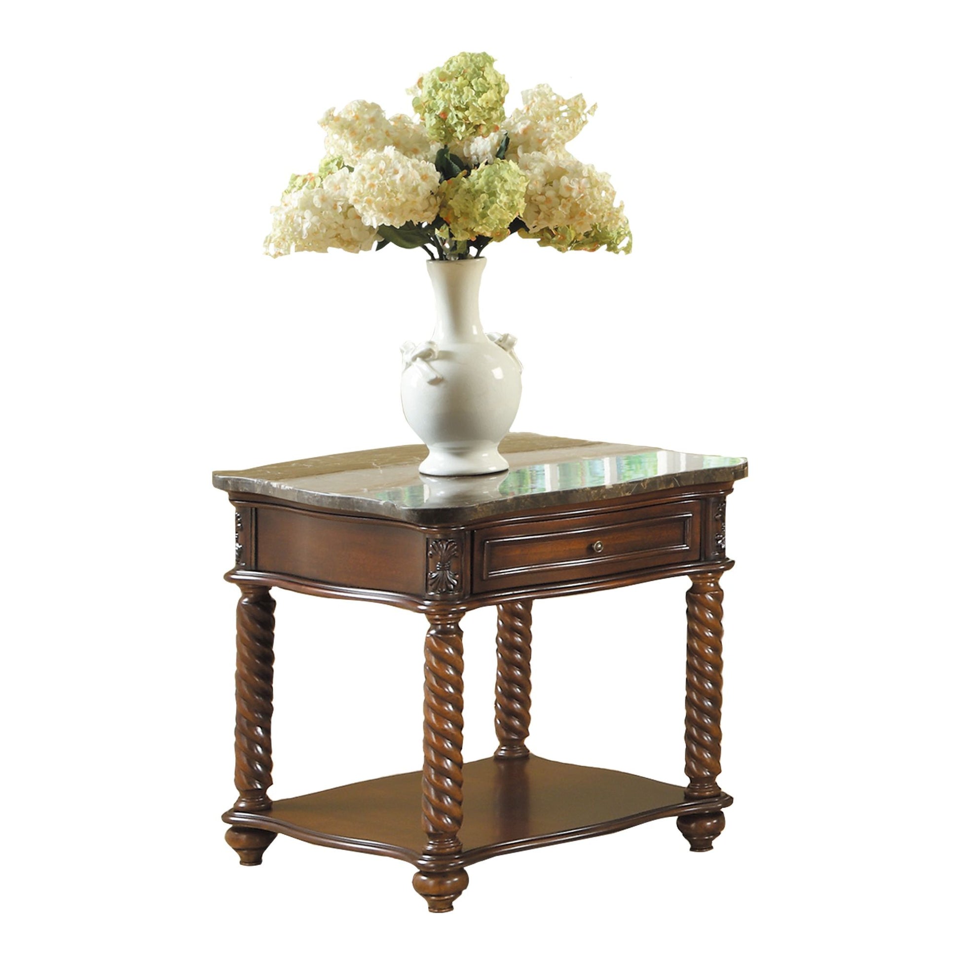 Traditional Formal Marble Top End Table with Drawer Lower Shelf Mahogany Finish Spiral Turned Legs Wooden 1pc Living Roo image 3