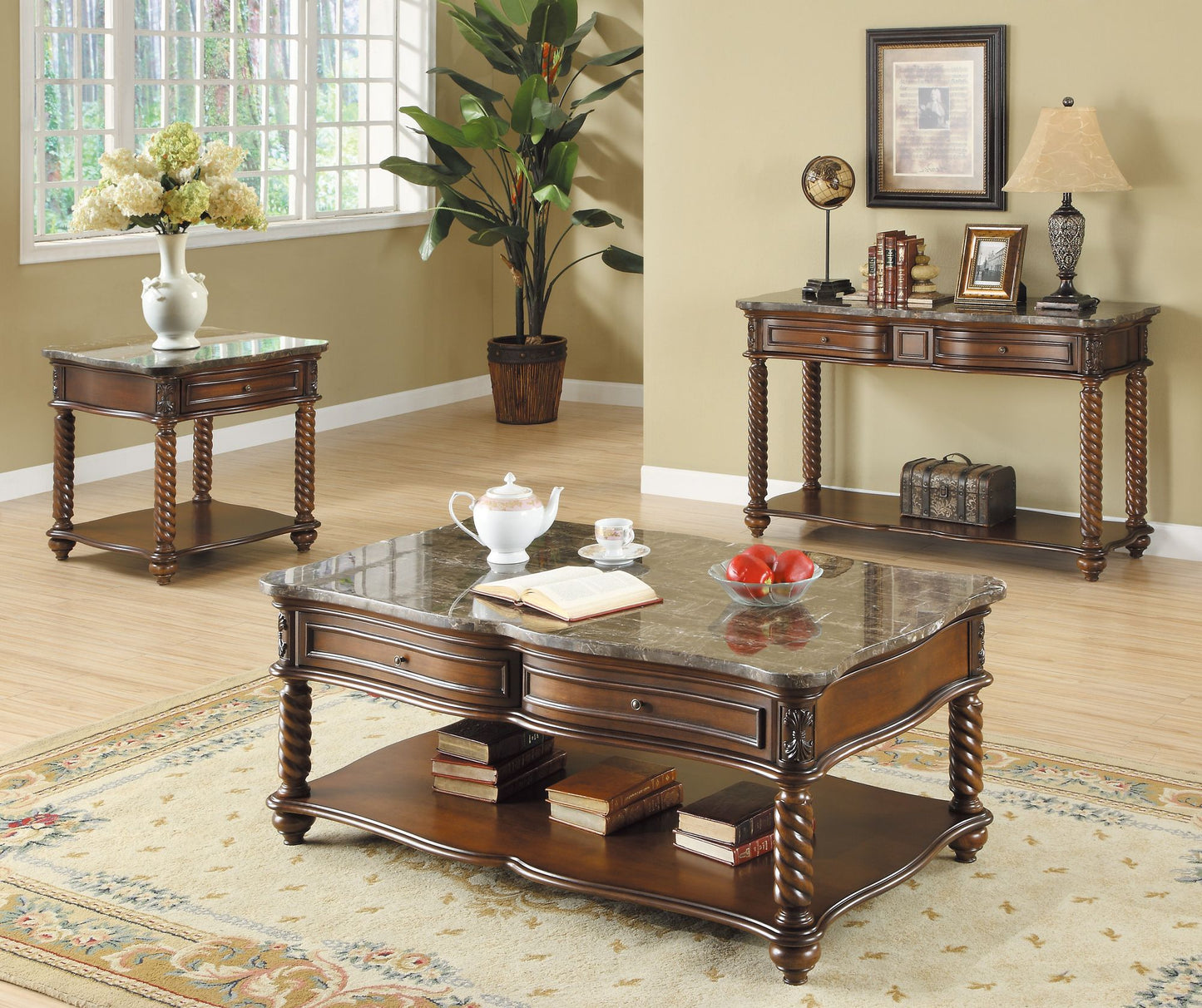 Traditional Formal Marble Top End Table with Drawer Lower Shelf Mahogany Finish Spiral Turned Legs Wooden 1pc Living Roo image 4