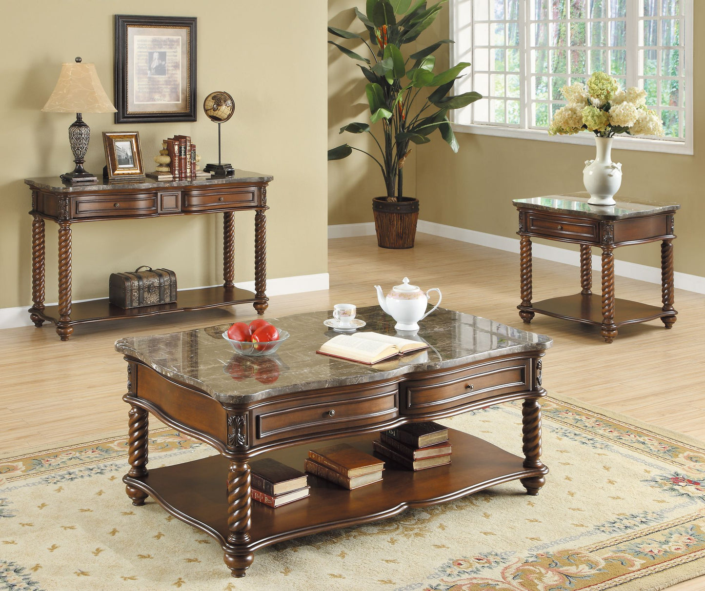 Traditional Formal Marble Top End Table with Drawer Lower Shelf Mahogany Finish Spiral Turned Legs Wooden 1pc Living Roo image 2
