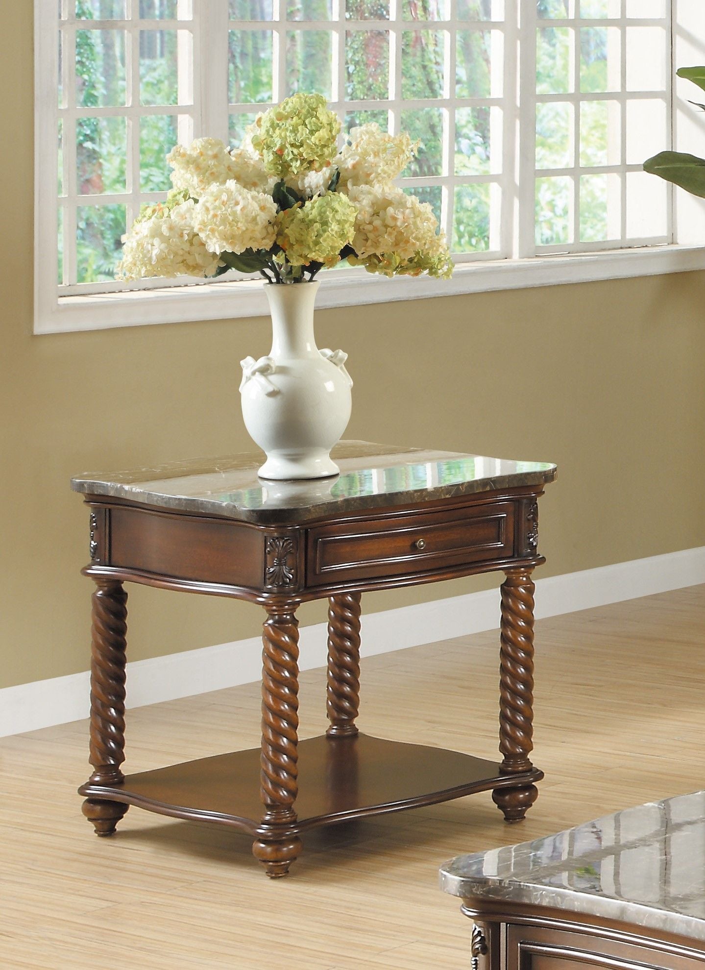 Traditional Formal Marble Top End Table with Drawer Lower Shelf Mahogany Finish Spiral Turned Legs Wooden 1pc Living Roo image 5