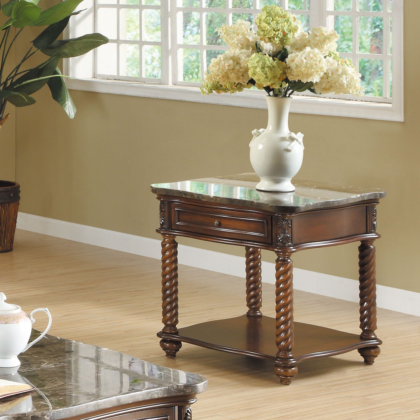 Traditional Formal Marble Top End Table with Drawer Lower Shelf Mahogany Finish Spiral Turned Legs Wooden 1pc Living Roo image 1