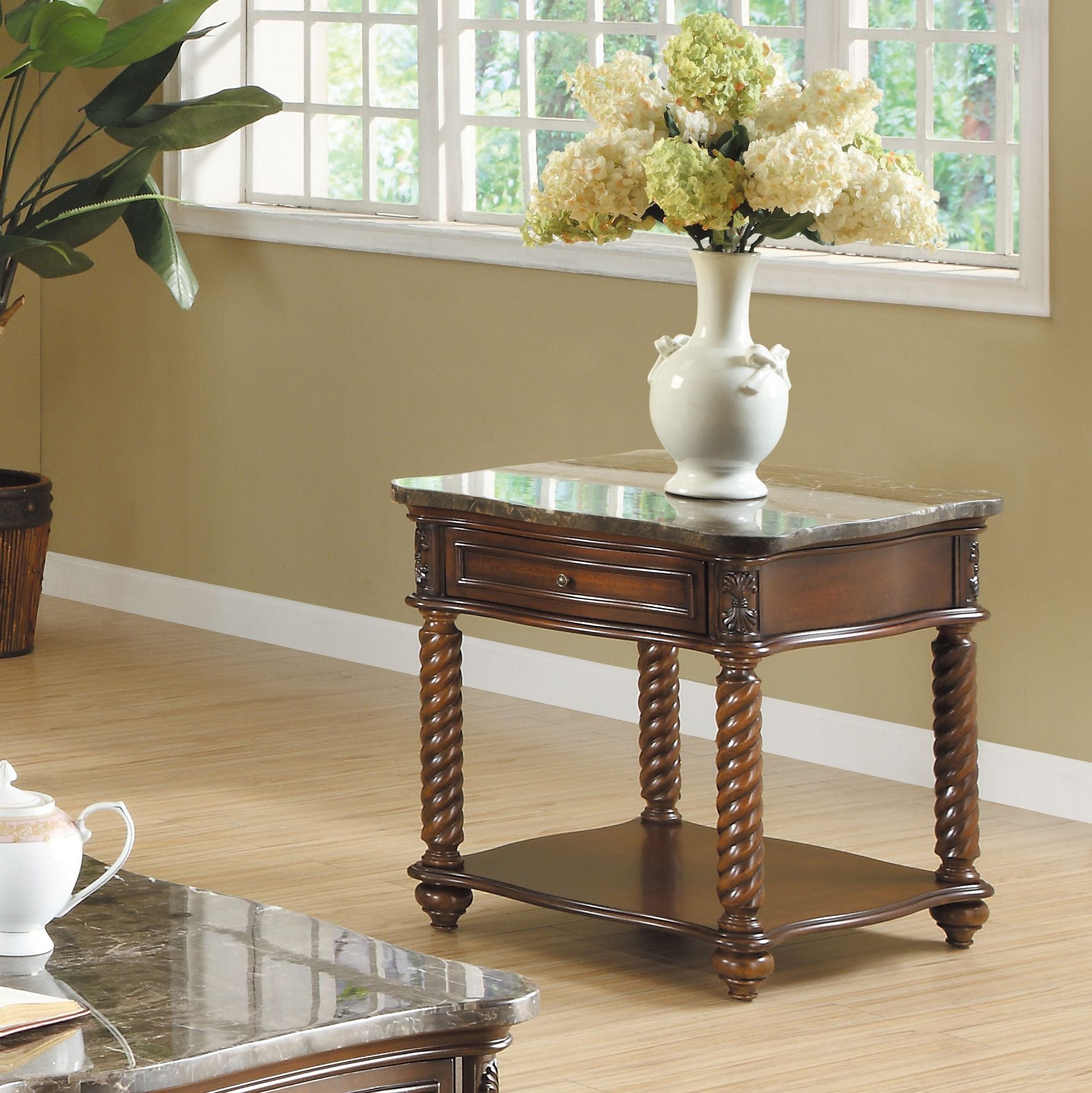 Traditional Formal Marble Top End Table with Drawer Lower Shelf Mahogany Finish Spiral Turned Legs Wooden 1pc Living Roo image 1
