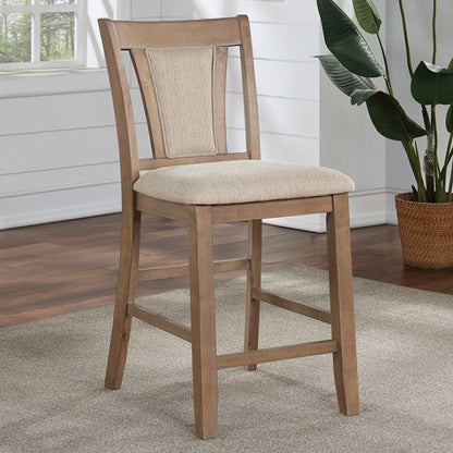 Transitional set of 2 counter height chairs natural tone solid wood beige fabric front view