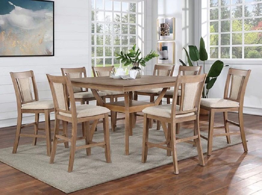 Transitional counter height chairs natural wood beige leatherette seat detail