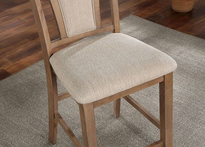 Set of 2 counter height chairs natural tone solid wood beige seat close up