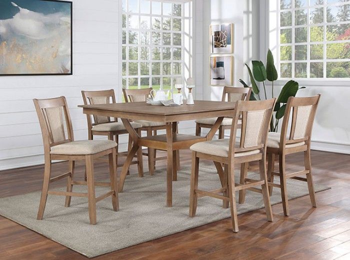 Set of 2 counter height chairs natural finish beige fabric dining room