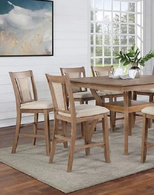 Counter height chair set of 2 natural wood beige fabric back view