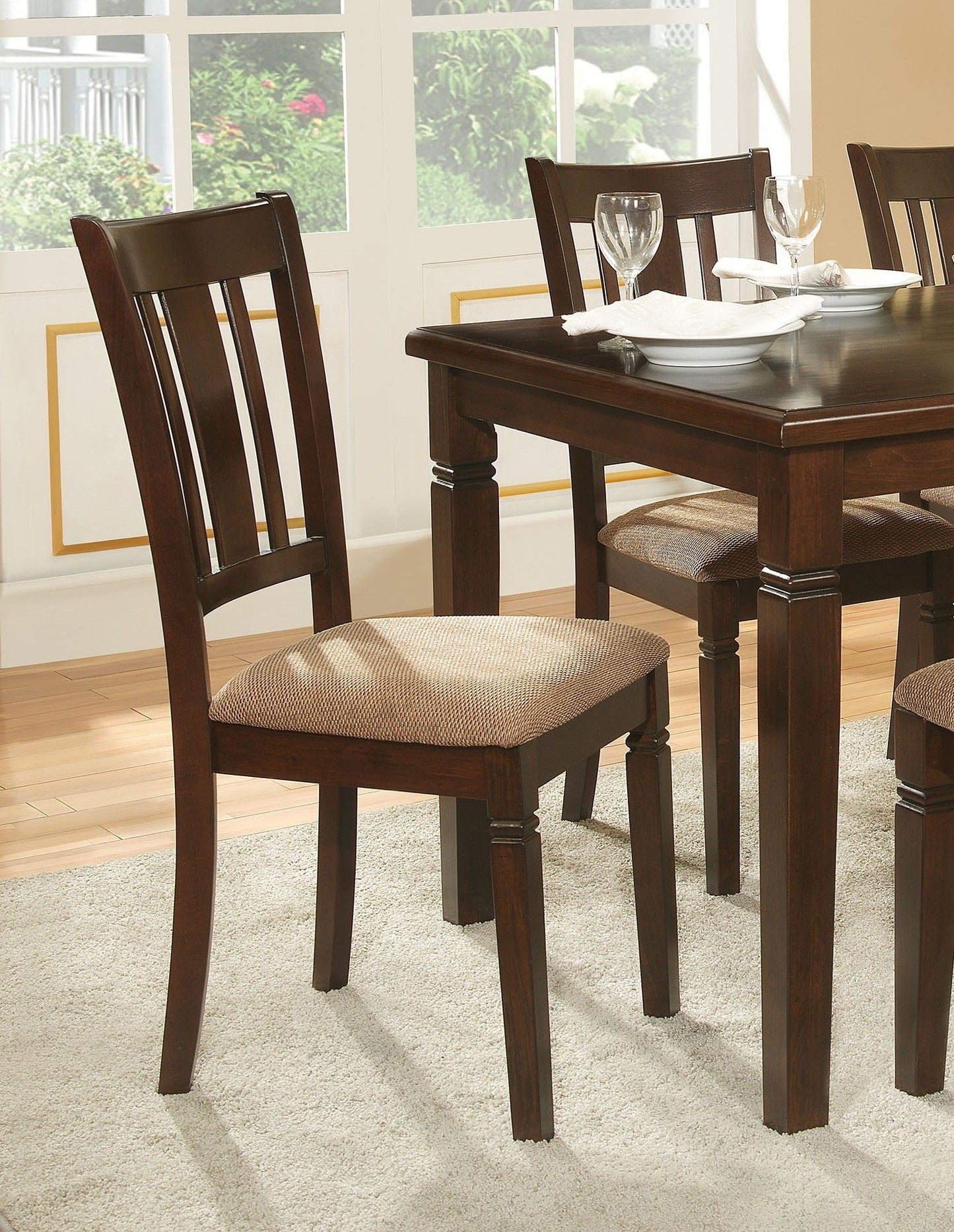 Transitional Style Dining Chair 2pc Set Wooden Frame Espresso Finish Fabric Upholstered Seat Kitchen Dining Furniture image 2