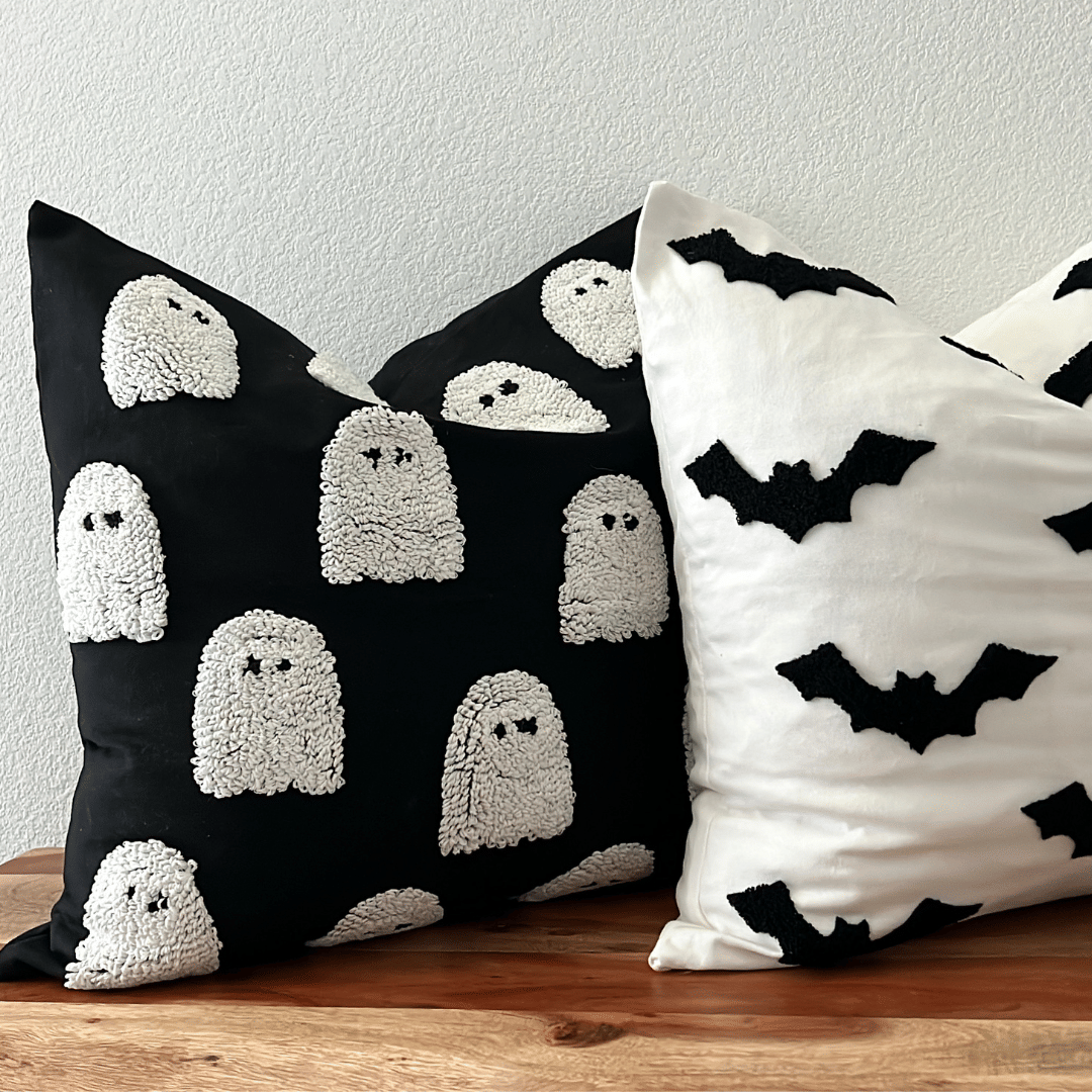 Tufted throw pillow cover Halloween fall decor Ghost style front view