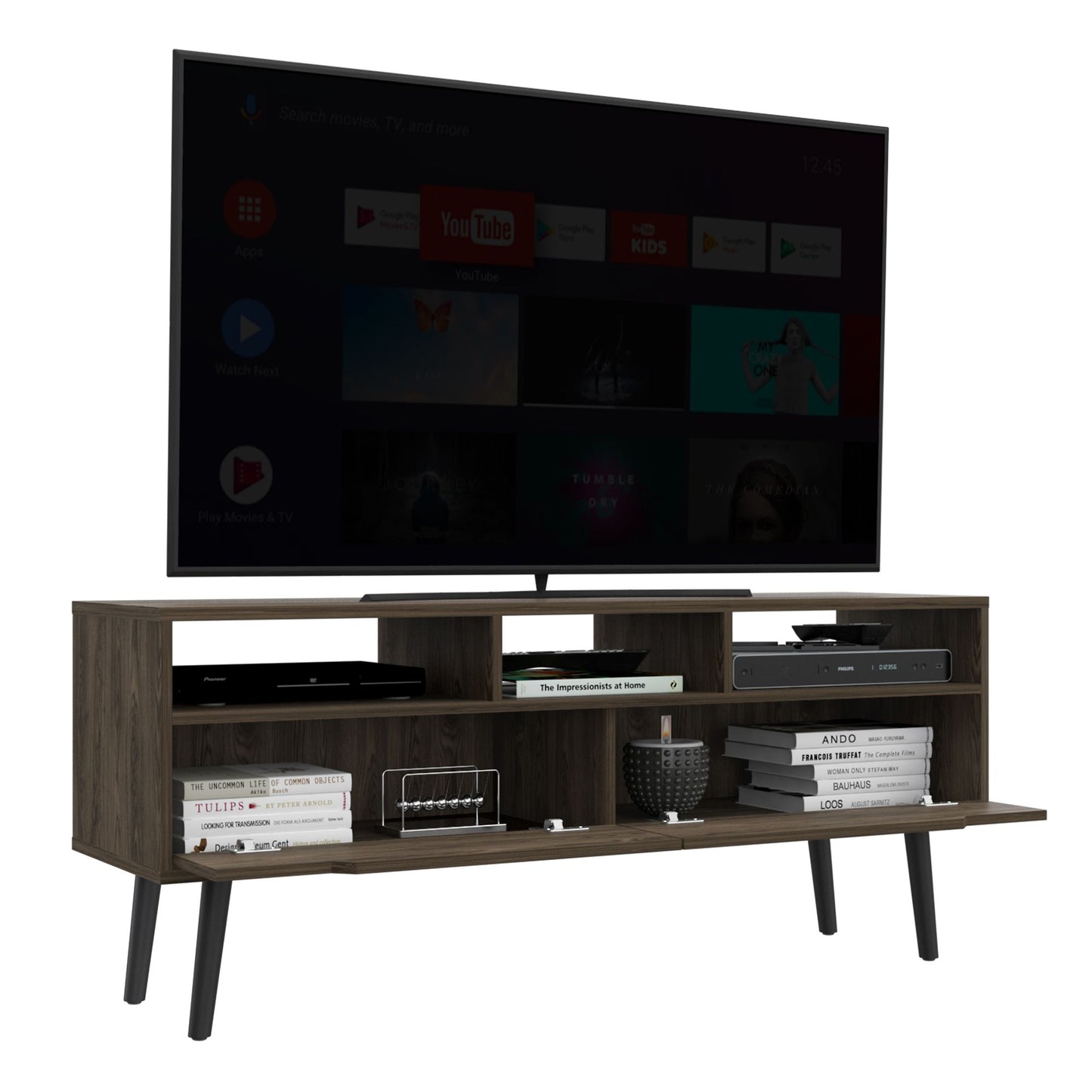 Tv Stand for TV´s up 52", Three Open Shelves, Two Flexible Drawers, Dark Walnut image 4