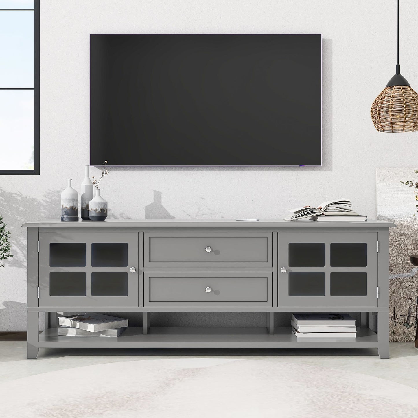 TV Stand for TVs up to 60'', Entertainment Center with Multifunctional Storage Space, TV Cabinet with Modern Design, Med image 3