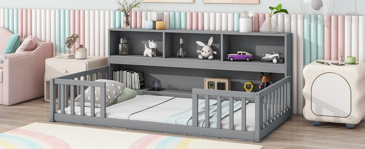 Twin Floor Bed with Bedside Bookcase,Shelves,Guardrails,Grey image 15
