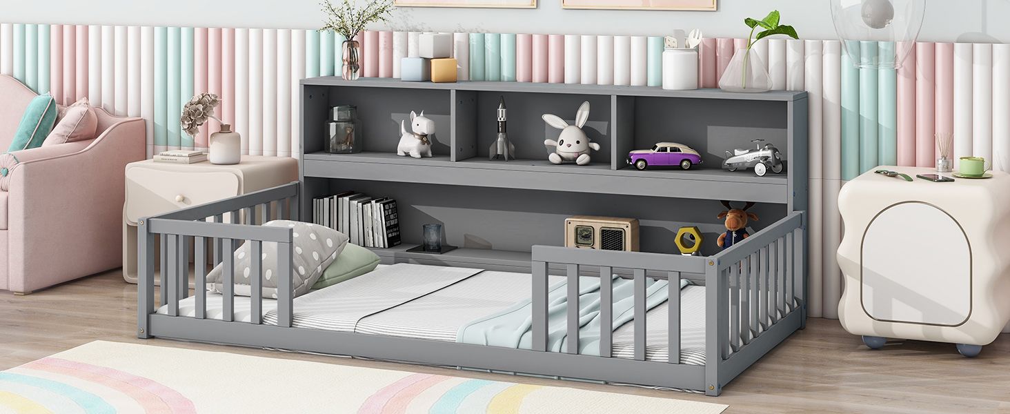 Twin Floor Bed with Bedside Bookcase,Shelves,Guardrails,Grey image 15