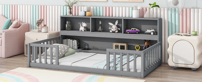 Twin Floor Bed with Bedside Bookcase,Shelves,Guardrails,Grey image 15