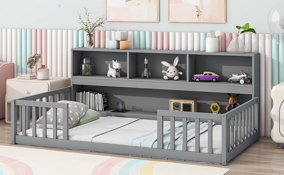 Twin Floor Bed with Bedside Bookcase,Shelves,Guardrails,Grey image 14