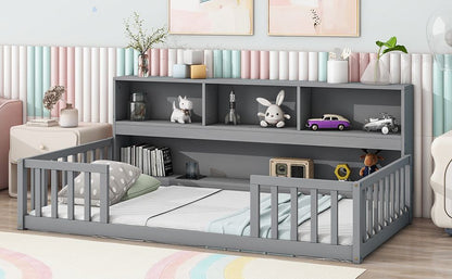 Twin Floor Bed with Bedside Bookcase,Shelves,Guardrails,Grey image 14