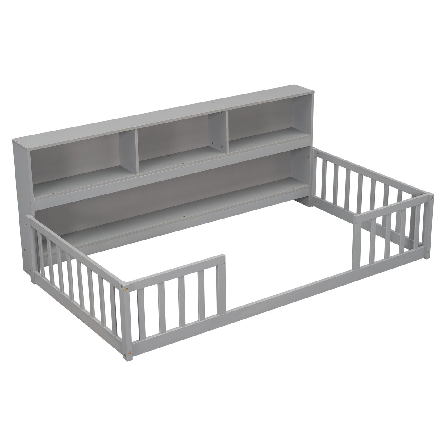 Twin Floor Bed with Bedside Bookcase,Shelves,Guardrails,Grey image 4