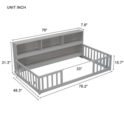 Twin Floor Bed with Bedside Bookcase,Shelves,Guardrails,Grey image 16