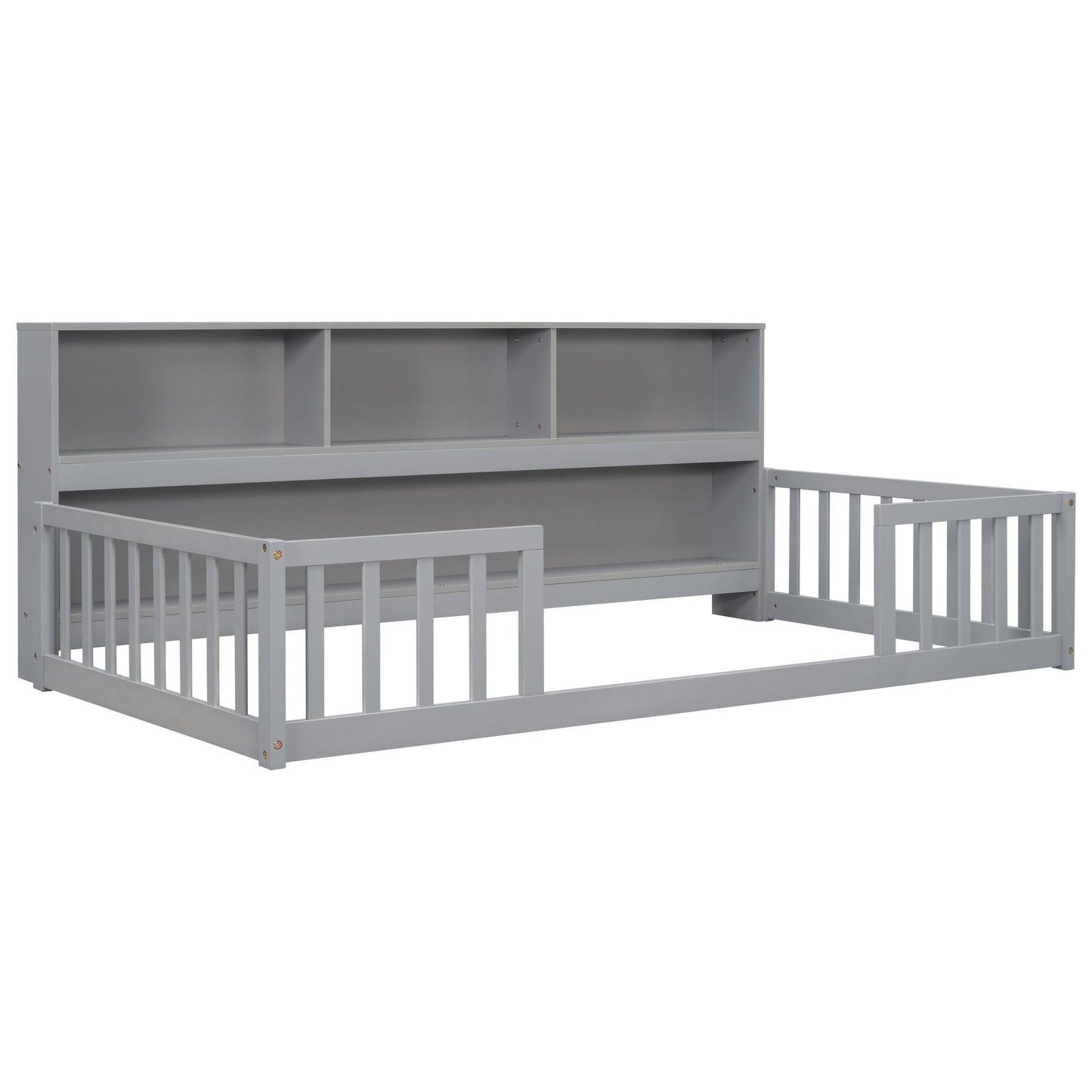 Twin Floor Bed with Bedside Bookcase,Shelves,Guardrails,Grey image 19