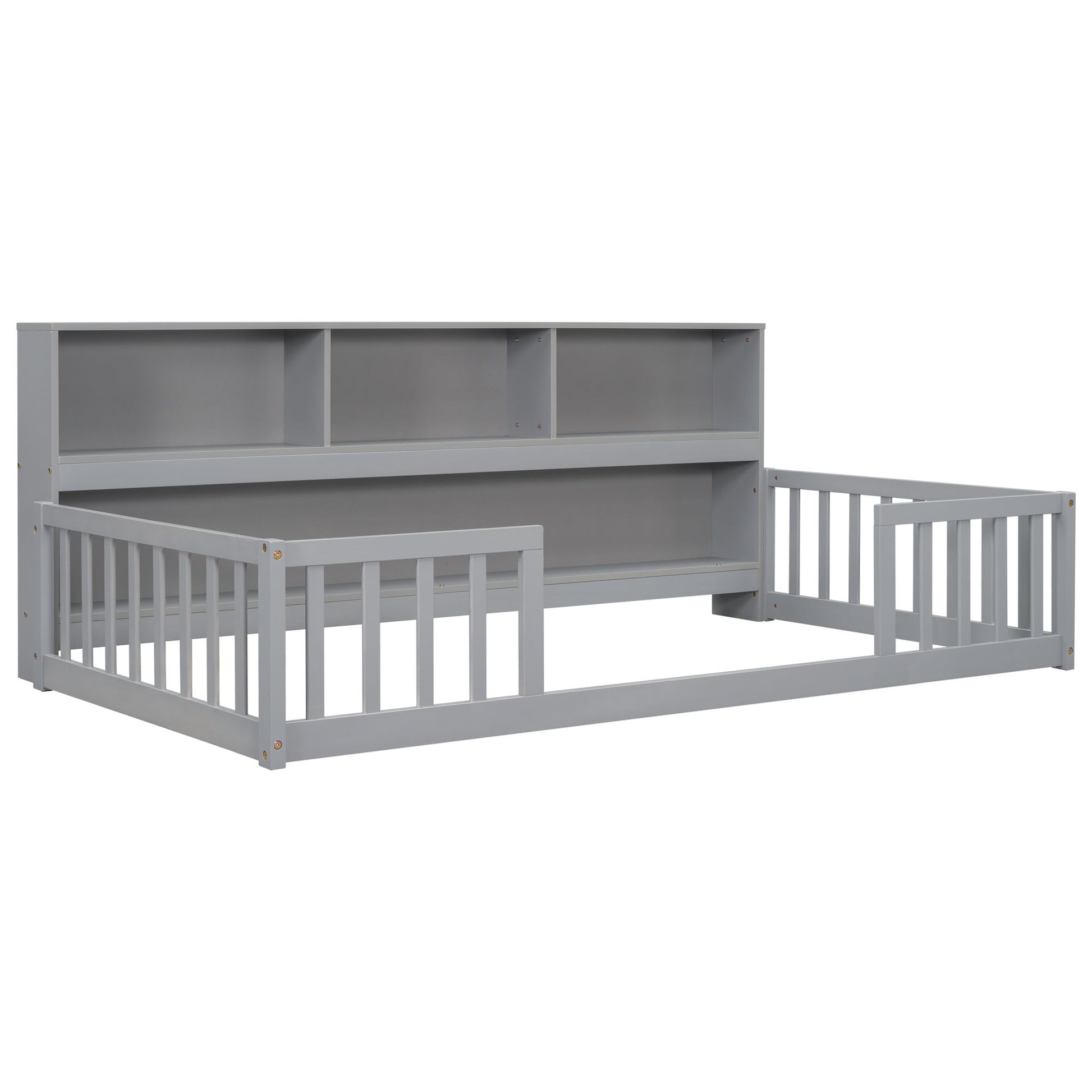 Twin Floor Bed with Bedside Bookcase,Shelves,Guardrails,Grey image 19