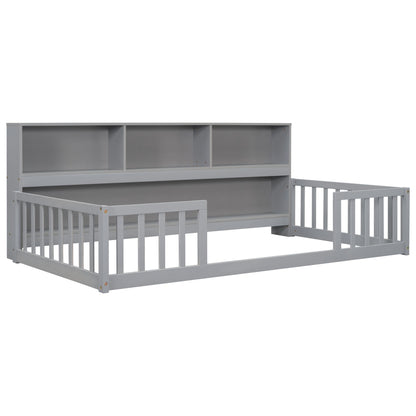Twin Floor Bed with Bedside Bookcase,Shelves,Guardrails,Grey image 19