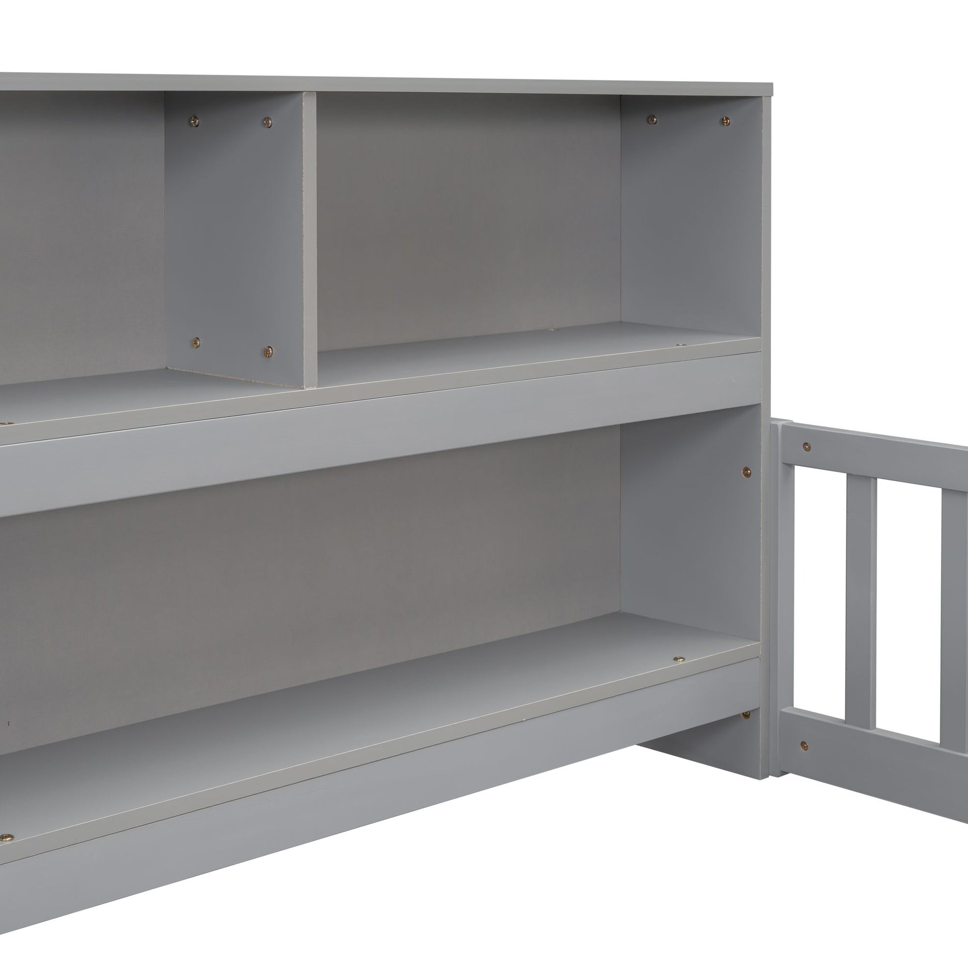 Twin Floor Bed with Bedside Bookcase,Shelves,Guardrails,Grey image 7