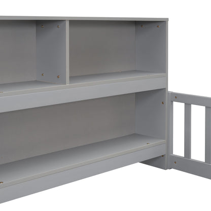 Twin Floor Bed with Bedside Bookcase,Shelves,Guardrails,Grey image 7