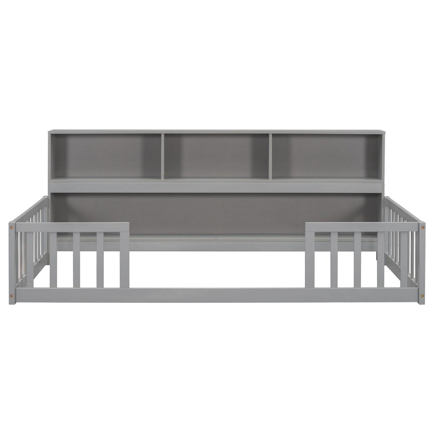 Twin Floor Bed with Bedside Bookcase,Shelves,Guardrails,Grey image 2