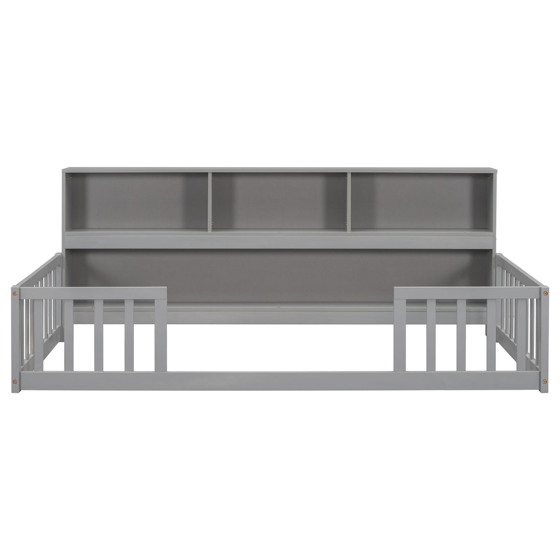Twin Floor Bed with Bedside Bookcase,Shelves,Guardrails,Grey image 2