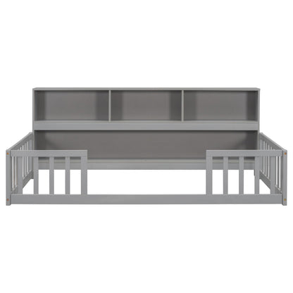 Twin Floor Bed with Bedside Bookcase,Shelves,Guardrails,Grey image 2