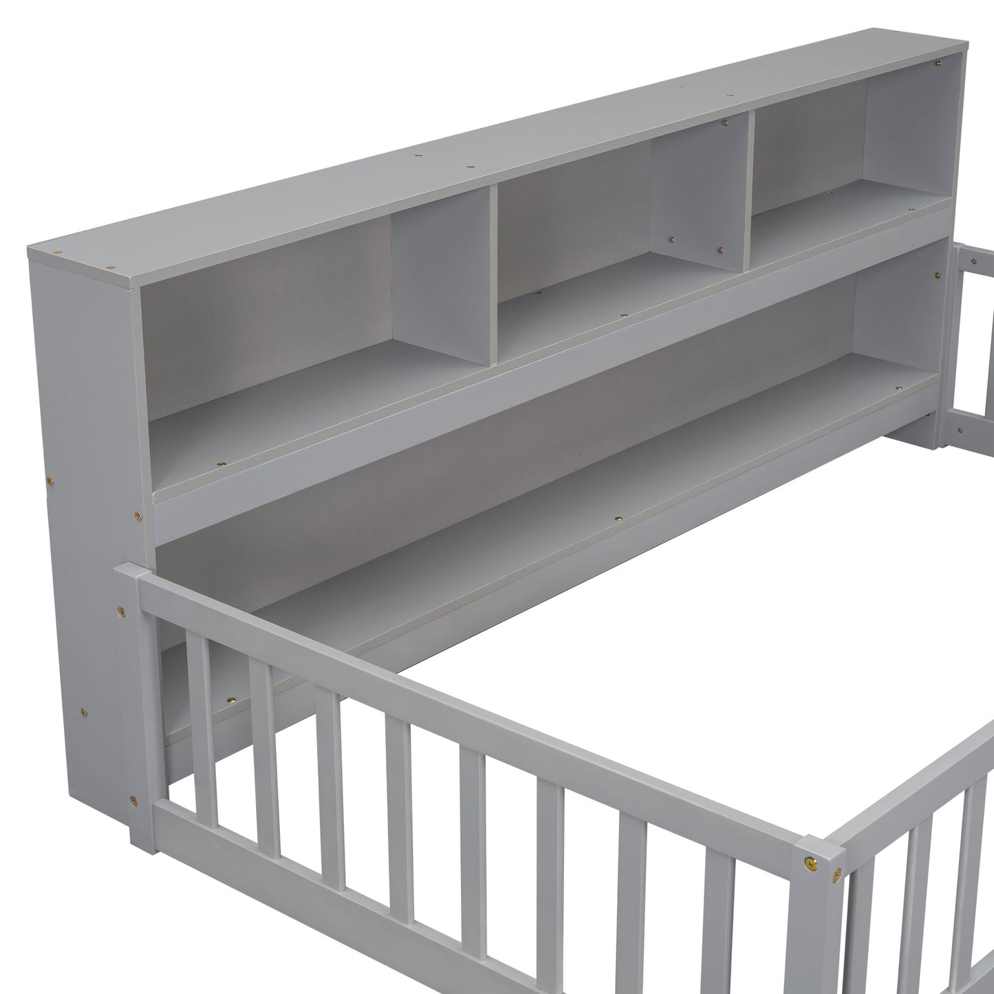 Twin Floor Bed with Bedside Bookcase,Shelves,Guardrails,Grey image 6