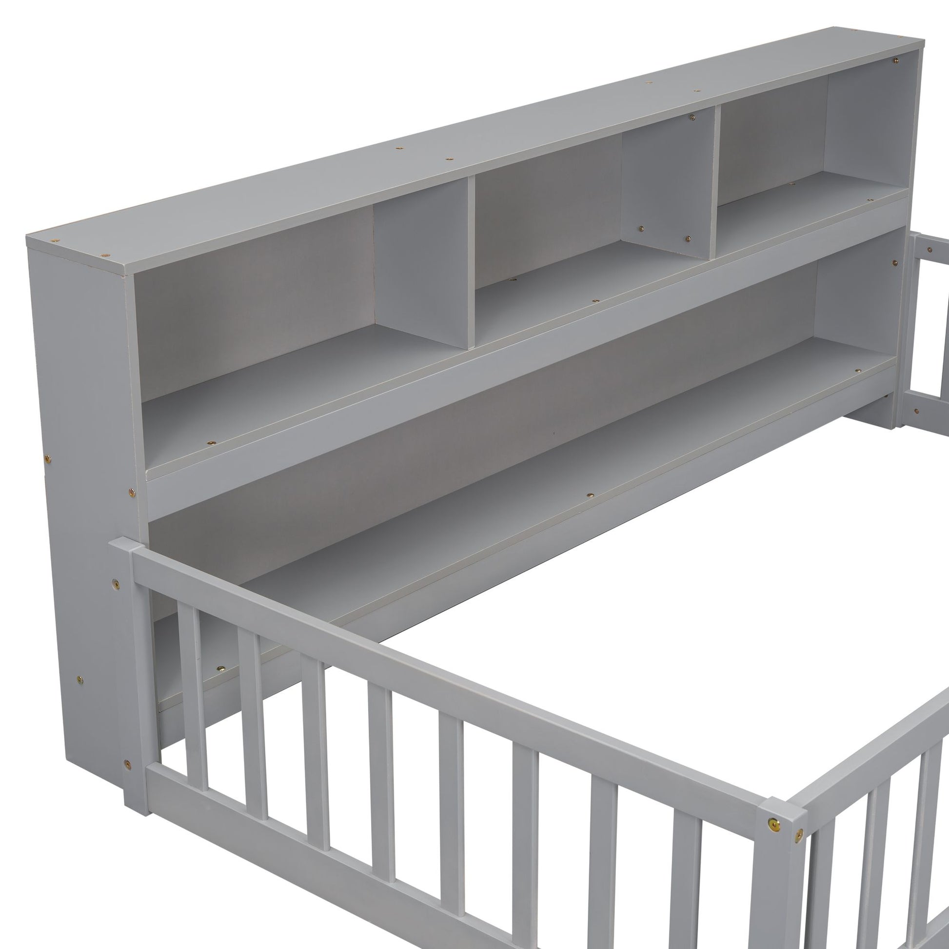 Twin Floor Bed with Bedside Bookcase,Shelves,Guardrails,Grey image 6